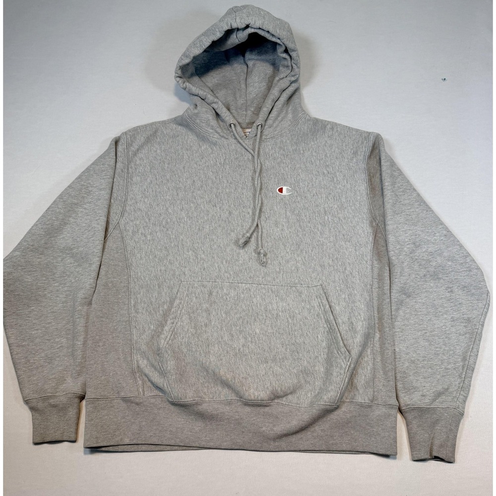 Champion Reverse Weave Hoodie Sweatshirt Mens Large Gray Pullover Fleece Logo